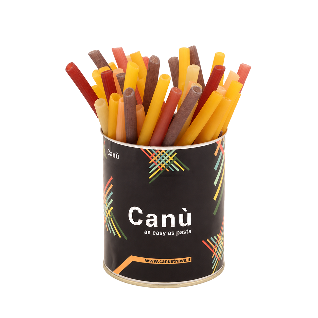 Canù tin with colorful pasta straws